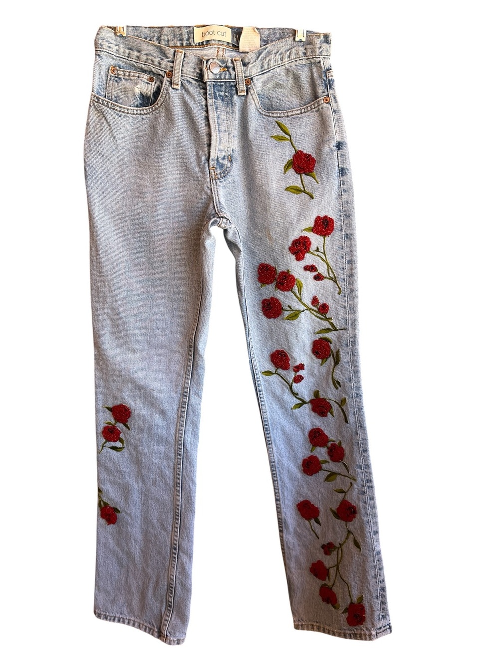 GAP Made in USA Boot Cut Jeans Beaded Red Rose Floral Appliqué Size 6 Y2K Boho - Picture 2 of 8
